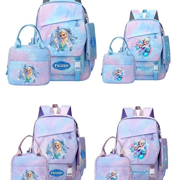 3 PC Frozen School Backpack Set with Mini Bag, Pastel Blue/Lavender Snowflake Design Adjustable Strap School bag for kids