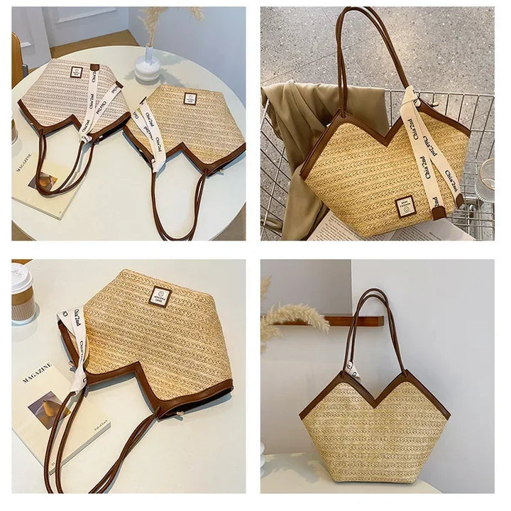 Straw Beach Bag Vintage Handmade Woven Shoulder Bag Raffia circle Rattan bags Bohemian Summer Vacation Casual Bags