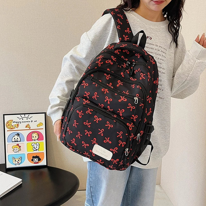 3Pcs/Set Bow Print Backpack with Crossbody Bag and Small Purse Bow Student Bookbag Simple Backpack for Elementary Middle Kids