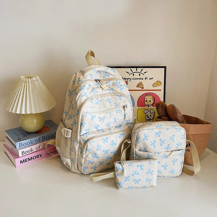 3Pcs/Set Bow Print Backpack with Crossbody Bag and Small Purse Bow Student Bookbag Simple Backpack for Elementary Middle Kids