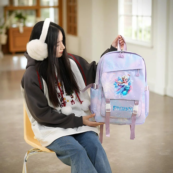 3 PC Frozen School Backpack Set with Mini Bag, Pastel Blue/Lavender Snowflake Design Adjustable Strap School bag for kids