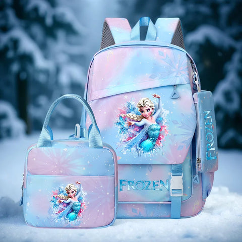 3 PC Frozen School Backpack Set with Mini Bag, Pastel Blue/Lavender Snowflake Design Adjustable Strap School bag for kids